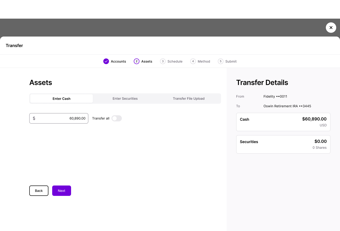 V1 Asset Movement designs showing the modal with horizontal stepper: Accounts, Assets, Schedule, Method, Documents, Submit